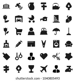 Flat vector icon set - mop vector, clothespin, splotch, kettle, cutting board, jug, manager, shorts, gymnast rings, signpost, plane, glass, umbrella, tulip, satellitie, heart, syringe, user, cottage