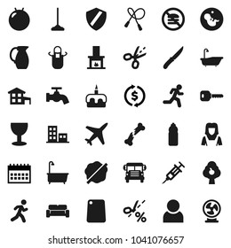 Flat vector icon set - mop vector, water tap, splotch, bath, cleaner woman, apron, knife, cutting board, jug, cake, school bus, exchange, calendar, jump rope, fitball, bottle, no fastfood, run, user