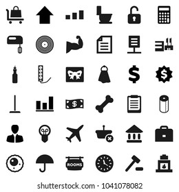 Flat vector icon set - mop vector, towel, toilet, paper, oil, case, clipboard, document, university, graph, manager, calculator, arrow up, dollar medal, sign, muscule hand, bone, plane, clock, disk