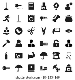 Flat vector icon set - mop vector, clothespin, meat hammer, school building, blackboard, manager, jump rope, punching bag, muscule hand, run, client, ship, umbrella, satellitie, speaking man, eye