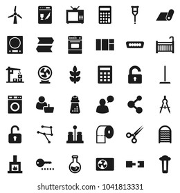 Flat Vector Icon Set - Mop Vector, Washer, Washboard, Toilet Paper, Hand Mill, Oven, Spices, Drawing Compass, Flask, Calculator, Molecule, Fitness Mat, Cereals, Speaking Man, Hdmi, Crutches, Network