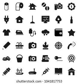 Flat vector icon set - mop vector, bucket, iron, steaming, toilet paper, oil, book, pencil, wallet, target, medal, pool, flammable, camera, syringe, pills, diagnostic monitor, drop counter, router
