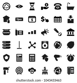 Flat vector icon set - mop vector, ladle, calculator, alarm clock, leaf, bank, investment, building, target, sand, dollar calendar, cursor, phone, package, sorting, internet, eye, connection, bath