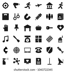Flat vector icon set - mop vector, sprayer, rubber glove, shining window, pan, scales, spatula, hand mill, blender, cereal, pencil, magnet, music, university, target, man, cent sign, molecule, cross