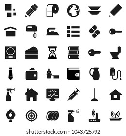 Flat vector icon set - mop vector, iron, toilet, sprayer, paper, plates, jug, cake, book, pencil, wallet, sand clock, tie, target, earth, port, dry cargo, syringe, pills, diagnostic monitor, router