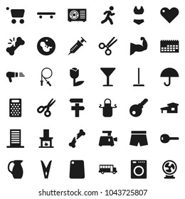 Flat vector icon set - mop vector, clothespin, apron, cutting board, grater, jug, scissors, school bus, jump rope, muscule hand, shorts, swimsuite, skateboard, run, calendar, glass, umbrella, tulip