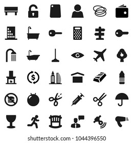 Flat vector icon set - mop vector, bath, shower, cutting board, grater, exchange, gold ingot, wallet, fitball, water bottle, no fastfood, hoop, run, signpost, plane, glass, umbrella, dry cargo, eye