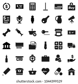 Flat vector icon set - mop vector, blender, jug, oil, pencil, case, telescope, bank, exchange, investment, check, man, tie, heart pulse, pills, monitor, bone, truck trailer, delivery, calendar, crib