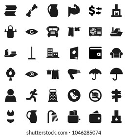 Flat vector icon set - mop vector, drying clothes, shower, apron, grater, toaster, jug, school bus, exchange, wallet, muscule hand, swimsuite, no fastfood, run, signpost, ship, umbrella, eye, user