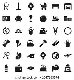 Flat vector icon set - mop vector, clothespin, kettle, apron, meat hammer, school building, exchange, gold ingot, jump rope, punching bag, fitball, muscule hand, water bottle, hoop, plane, ship, eye
