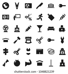 Flat vector icon set - mop vector, clothespin, knife, meat hammer, cutting board, toaster, blackboard, scissors, fitball, muscule hand, shorts, swimsuite, hoop, run, signpost, glass, dry cargo, key