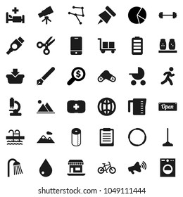 Flat vector icon set - mop vector, water drop, toilet paper, shower, measuring cup, spices, pen, telescope, clipboard, pin, scissors, pie graph, money search, barbell, bike, pool, first aid kit, run
