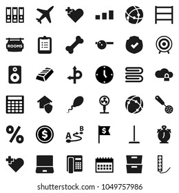 Flat vector icon set - mop vector, towel, skimmer, alarm clock, clipboard, archive, dollar coin, gold ingot, calculator, binder, flag, calendar, target, heart cross, bone, route, plane, sorting, fan