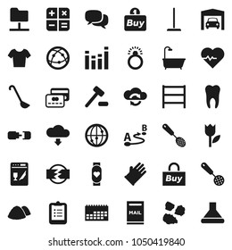 Flat vector icon set - mop vector, rubber glove, garbage pile, skimmer, ladle, clipboard, heart pulse, t shirt, monitor, calendar, tulip, route, shelving, equalizer, internet, dialog, tooth, mailbox