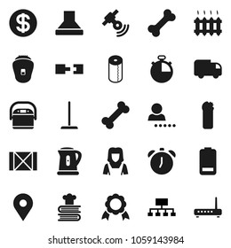 Flat vector icon set - mop vector, cleaning agent, toilet paper, cleaner woman, kettle, cookbook, alarm clock, medal, hierarchy, stopwatch, bone, map pin, wood box, satellitie, battery, connection