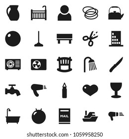 Flat vector icon set - mop vector, water tap, bath, shower, kettle, knife, jug, punching bag, fitball, hoop, ship, glass, heart, bench, user, mailbox, crib, ari condition, building, coupon