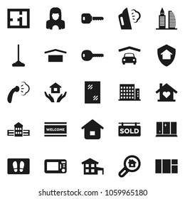 Flat vector icon set - mop vector, window cleaning, welcome mat, steaming, shining, house hold, cleaner woman, school building, dry cargo, key, cottage, garage, plan, sold signboard, apartments