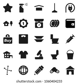 Flat vector icon set - mop vector, bucket, toilet, sprayer, plates, pencil, microscope, world, constellation, wallet, scales, medal, dry cargo, syringe, pills, cottage, chalet, star, buy, clothes