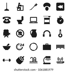 Flat vector icon set - mop vector, car fetlock, toilet, jug, mushroom, student, case, table lamp, notebook pc, barbell, stopwatch, sports nutrition, pool, no fastfood, hoop, video camera, headphones