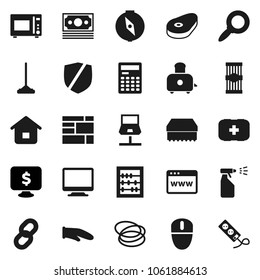 Flat vector icon set - mop vector, sponge, sprayer, cook glove, toaster, microwave oven, pasta, steak, calculator, compass, abacus, magnifier, monitor dollar, first aid kit, hoop, money, protected