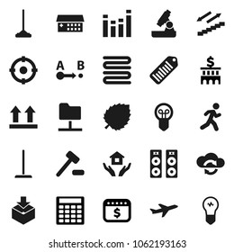 Flat vector icon set - mop vector, house hold, towel, microscope, leaf, bank building, calculator, dollar calendar, stairways run, plane, top sign, package, barcode, route, equalizer, hospital, bulb