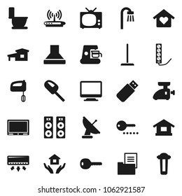 Flat vector icon set - mop vector, toilet, house hold, cottage, estate document, key, bath, love home, tv, password, mixer, coffee maker, meat grinder, hood, monitor, vacuum cleaner, air conditioner