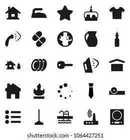 Flat vector icon set - mop vector, iron, steaming, plates, jug, cake, oil, world, tie, pool, flammable, pills, eye doctor hat, router, home, loading, key, house, chalet, clothes