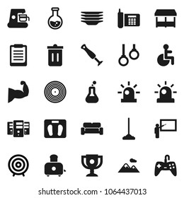 Flat vector icon set - mop vector, trash bin, plates, toaster, blackboard, clipboard, award cup, flask, target, scales, muscule hand, gymnast rings, phone, disk, disabled, server, siren, mountain