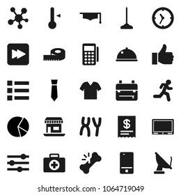 Flat vector icon set - mop vector, thermometer, dish, graduate hat, backpack, pie graph, tie, measuring, first aid kit, run, office, clock, mobile phone, social media, finger up, forward button, tv