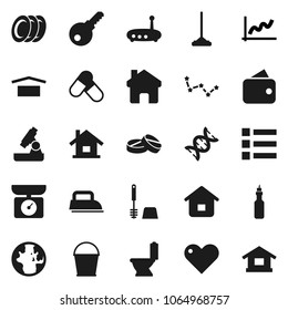 Flat vector icon set - mop vector, bucket, toilet, brush, plates, oil, microscope, world, constellation, graph, pills, dry cargo, heart, dna, router, home, house, wallet, menu, password, iron