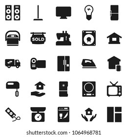 Flat vector icon set - mop vector, iron, house hold, tv, sold signboard, relocation truck, fridge, smart home, dishwasher, mixer, multi cooker, monitor, kitchen scales, video camera, speaker, bulb