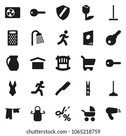 Flat vector icon set - mop vector, clothespin, drying clothes, shower, apron, knife, grater, jug, swimsuite, run, dry cargo, tulip, shield, key, crib, ari condition, cart, catalog, coupon, password