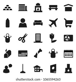 Flat vector icon set - mop vector, apron, scissors, calendar, gold ingot, water bottle, plane, dry cargo, tulip, speaking man, broken bone, bench, user, cottage, apartments, cushioned furniture