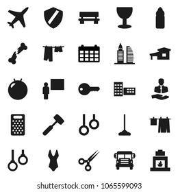 Flat vector icon set - mop vector, drying clothes, meat hammer, grater, school building, blackboard, bus, calendar, fitball, swimsuite, water bottle, gymnast rings, plane, client, glass, scissors
