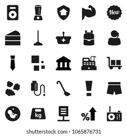 Flat vector icon set - mop vector, garbage pile, ladle, cake, backpack, bank, percent growth, tie, muscule hand, shorts, support, cargo, weight, speaker, pregnancy, drop counter, loading, new, radio