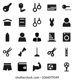 Flat vector icon set - mop vector, clothespin, scissors, wallet, manager, muscule hand, shorts, swimsuite, water bottle, gymnast rings, calendar, dry cargo, tulip, broken bone, user, mailbox, washer