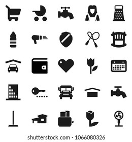 Flat vector icon set - mop vector, water tap, cleaner woman, grater, toaster, school bus, wallet, jump rope, bottle, calendar, dry cargo, tulip, heart, shield, cottage, garage, crib, building, cart