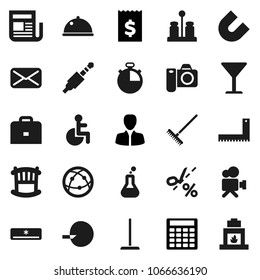 Flat vector icon set - mop vector, rake, spices, dish, corner ruler, case, magnet, manager, calculator, receipt, stopwatch, glass, newspaper, video camera, internet, mail, jack, disabled, flask
