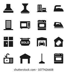 Flat vector icon set - mop vector, car fetlock, iron, shining window, sink, microwave oven, warehouse, garage, sold signboard, apartments, smart home, building, hood