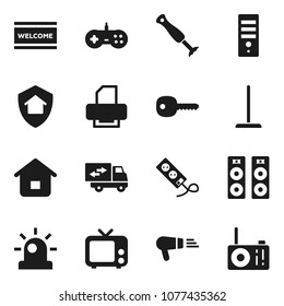 Flat Vector Icon Set - Mop Vector, Welcome Mat, Tv, Key, Relocation Truck, Home Protect, Siren, Blender, Hair Dryer, Speaker, Computer, Printer, Gamepad, Multi Socket, Radio