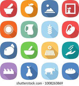 flat vector icon set - mortar vector, apple, landscape, flower in window, gas oven, jug, spike, beans, lemon, field, harvest, seedling, pear, sheep, bread