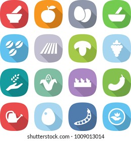 flat vector icon set - mortar vector, apple, eggs, coffee seeds, field, mushroom, grape, harvest, corn, seedling, eggplant, watering can, egg, peas, ecology