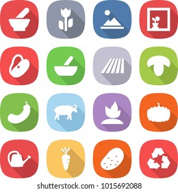 flat vector icon set - mortar vector, perishable, landscape, flower in window, beans, field, mushroom, eggplant, sheep, sprouting, pumpkin, watering can, carrot, potato, recycling
