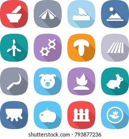 flat vector icon set - mortar vector, tent, shark flipper, landscape, windmill, dna edit, mushroom, field, sickle, pig, sprouting, rabbit, udder, tomato, grain elevator, ecology