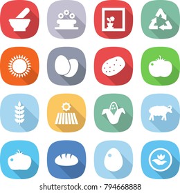 flat vector icon set - mortar vector, flower bed, in window, recycle, gas oven, eggs, potato, tomato, spike, field, corn, sheep, bread, egg, ecology