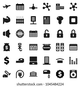 Flat vector icon set - mushroom vector, schedule, world, personal information, dollar medal, calendar, sign, measuring, muscule hand, molecule, plane, dry cargo, no hook, speaker, equalizer, connect