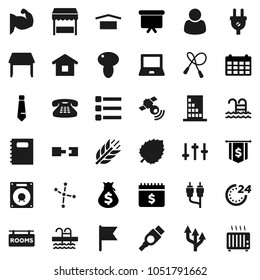 Flat vector icon set - mushroom vector, copybook, notebook pc, flag, leaf, constellation, money bag, presentation board, dollar, tie, calendar, jump rope, muscule hand, cereals, pool, dry cargo, rca