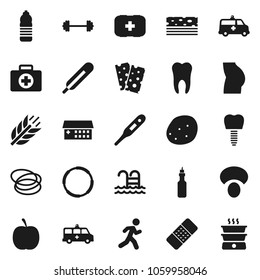 Flat vector icon set - mushroom vector, potato, oil, diet, barbell, buttocks, water bottle, cereals, breads, pool, first aid kit, hoop, run, thermometer, patch, hospital building, amkbulance car