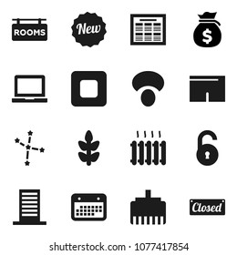 Flat vector icon set - mushroom vector, notebook pc, schedule, constellation, money bag, shorts, cereals, calendar, stop button, lan connector, unlock, rooms signboard, heating, building, new