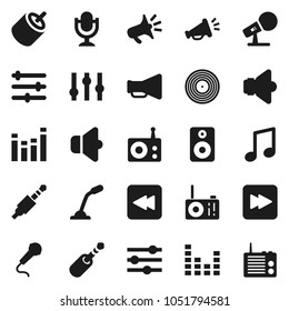 Flat vector icon set - music vector, disk, microphone, radio, speaker, loudspeaker, settings, equalizer, forward button, backward, rca, jack